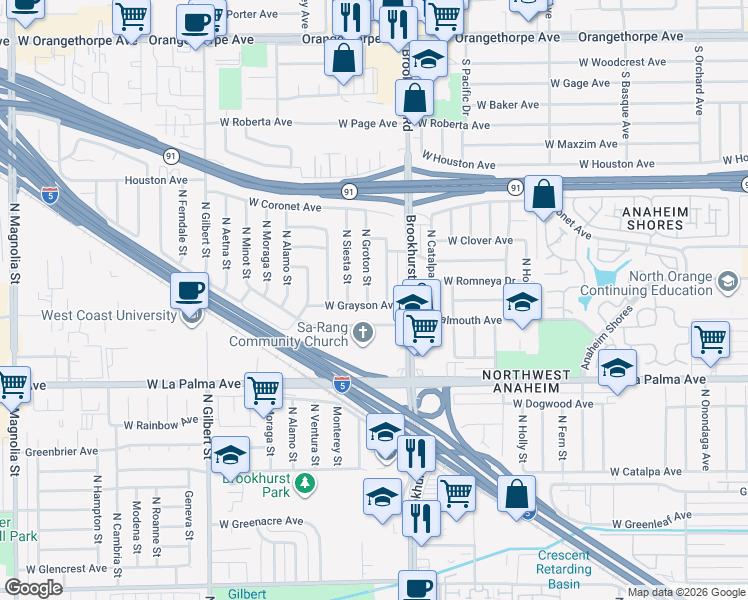 map of restaurants, bars, coffee shops, grocery stores, and more near 1240 North Fulton Street in Anaheim
