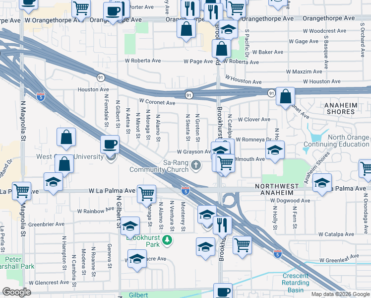 map of restaurants, bars, coffee shops, grocery stores, and more near 1240 North Siesta Street in Anaheim