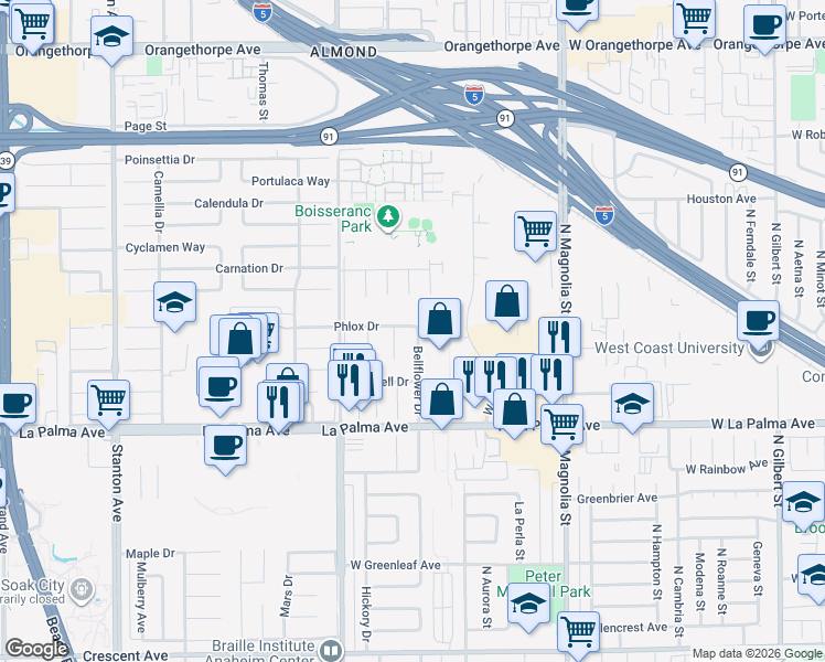map of restaurants, bars, coffee shops, grocery stores, and more near 8633 Phlox Drive in Buena Park