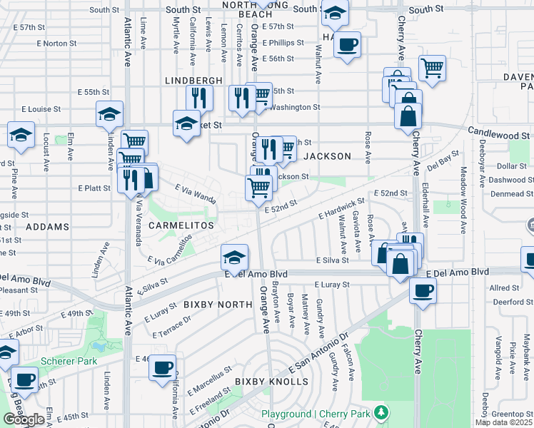 map of restaurants, bars, coffee shops, grocery stores, and more near 5205 Brayton Avenue in Long Beach