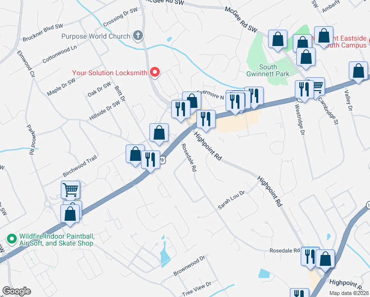 map of restaurants, bars, coffee shops, grocery stores, and more near 2155 Rosedale Road in Snellville