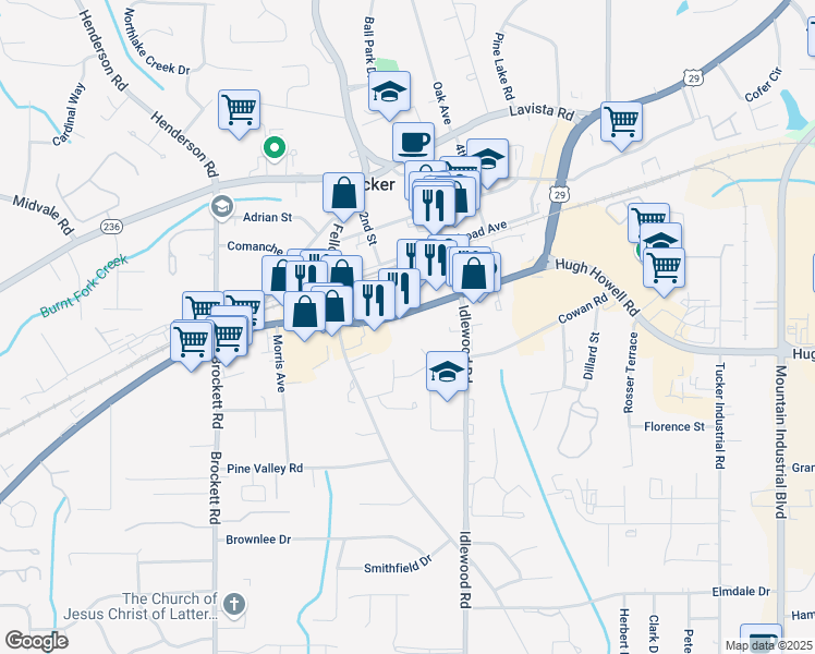 map of restaurants, bars, coffee shops, grocery stores, and more near 4059 Lawrenceville Highway in Tucker