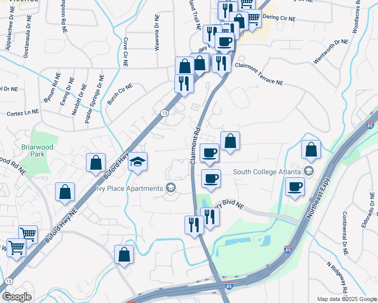 map of restaurants, bars, coffee shops, grocery stores, and more near 3136 Clairmont Road in Atlanta