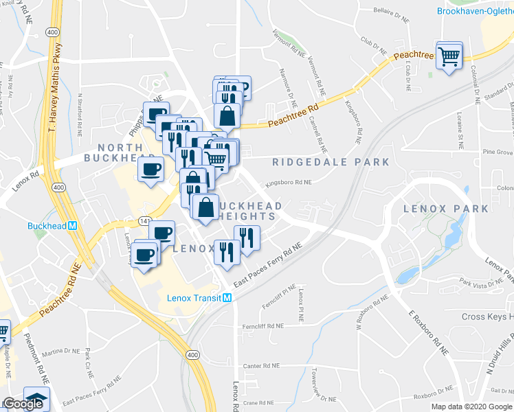 map of restaurants, bars, coffee shops, grocery stores, and more near 3481 Lakeside Drive Northeast in Atlanta