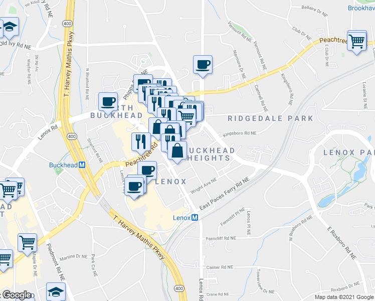 map of restaurants, bars, coffee shops, grocery stores, and more near 3499 Oak Valley Road Northeast in Atlanta