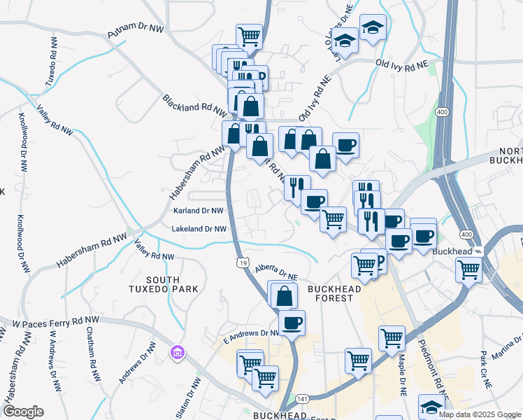 map of restaurants, bars, coffee shops, grocery stores, and more near 3437 Landen Pine Court NorthEast in Atlanta