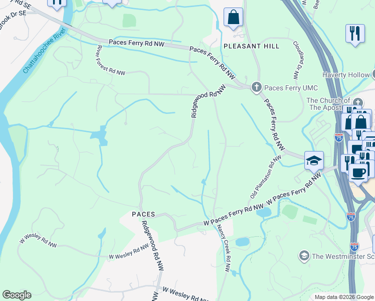 map of restaurants, bars, coffee shops, grocery stores, and more near 3489 Ridgewood Road Northwest in Atlanta