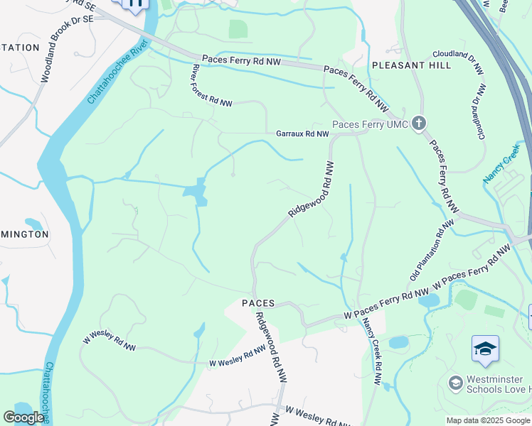map of restaurants, bars, coffee shops, grocery stores, and more near 3450 Ridgewood Road Northwest in Atlanta