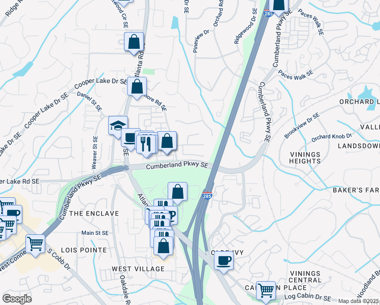 map of restaurants, bars, coffee shops, grocery stores, and more near 2311 Norbury Cove Southeast in Smyrna