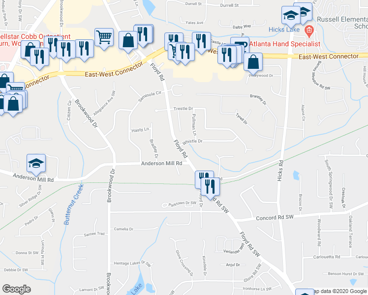 map of restaurants, bars, coffee shops, grocery stores, and more near 1100 Whistle Drive in Austell