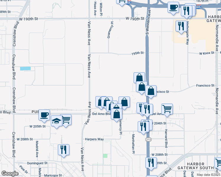 map of restaurants, bars, coffee shops, grocery stores, and more near 19750 Van Ness Avenue in Torrance