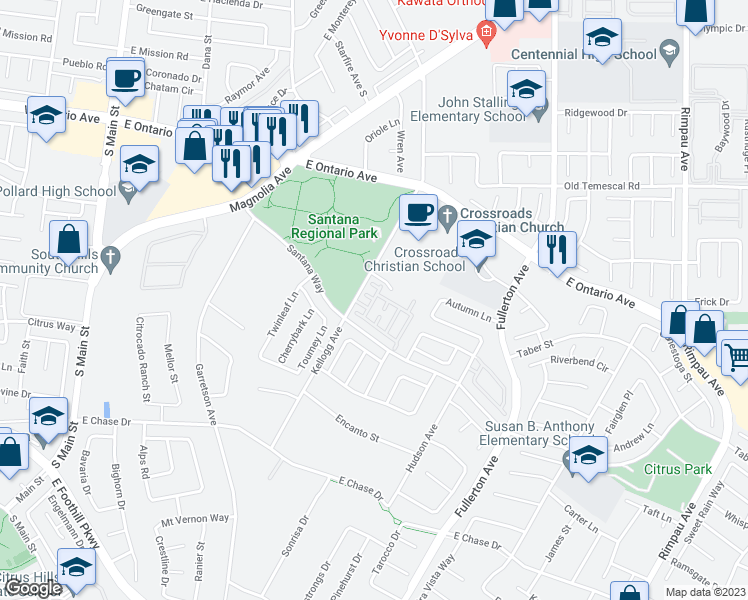 map of restaurants, bars, coffee shops, grocery stores, and more near Via Alicante in Corona