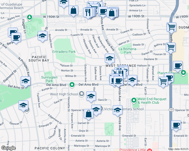 map of restaurants, bars, coffee shops, grocery stores, and more near 20027 Saltee Avenue in Torrance