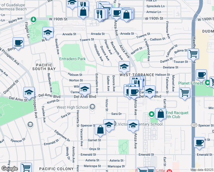 map of restaurants, bars, coffee shops, grocery stores, and more near 20027 Saltee Avenue in Torrance