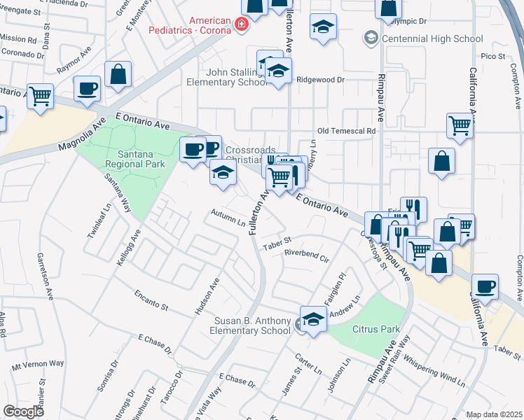 map of restaurants, bars, coffee shops, grocery stores, and more near 2316 McMackin Drive in Corona