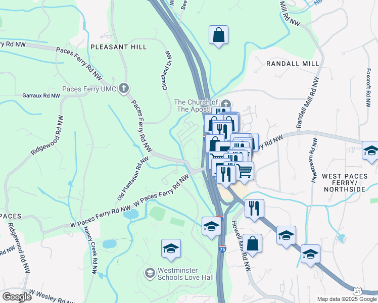 map of restaurants, bars, coffee shops, grocery stores, and more near 1401 West Paces Ferry Road Northwest in Atlanta