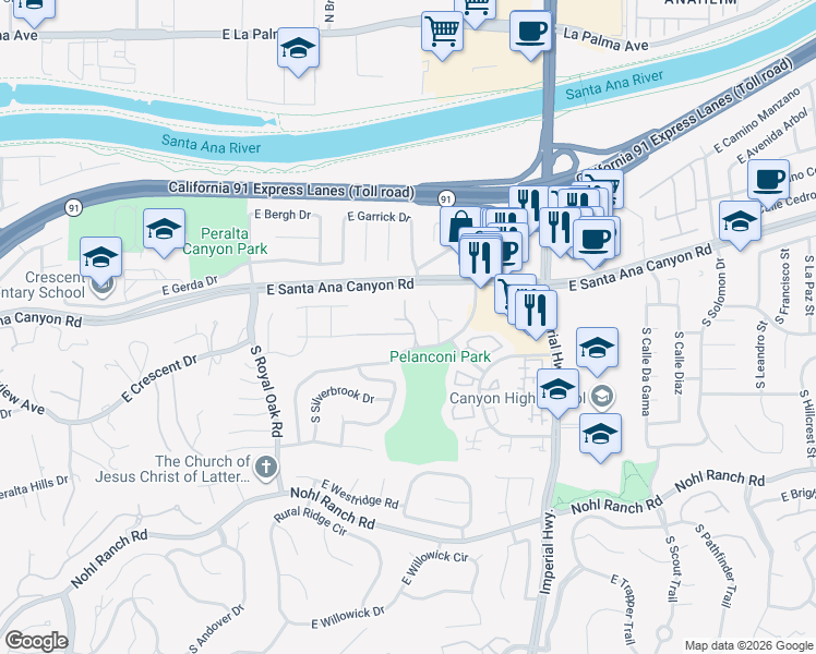 map of restaurants, bars, coffee shops, grocery stores, and more near 125 South Vista Grande in Anaheim