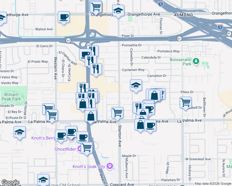 map of restaurants, bars, coffee shops, grocery stores, and more near 7771 Stanton Avenue in Buena Park