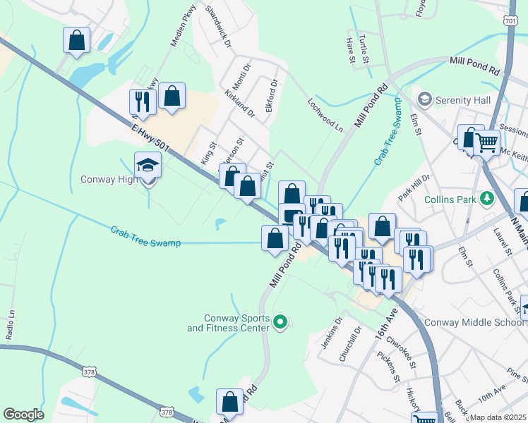 map of restaurants, bars, coffee shops, grocery stores, and more near 2050 U.S. 501 in Conway