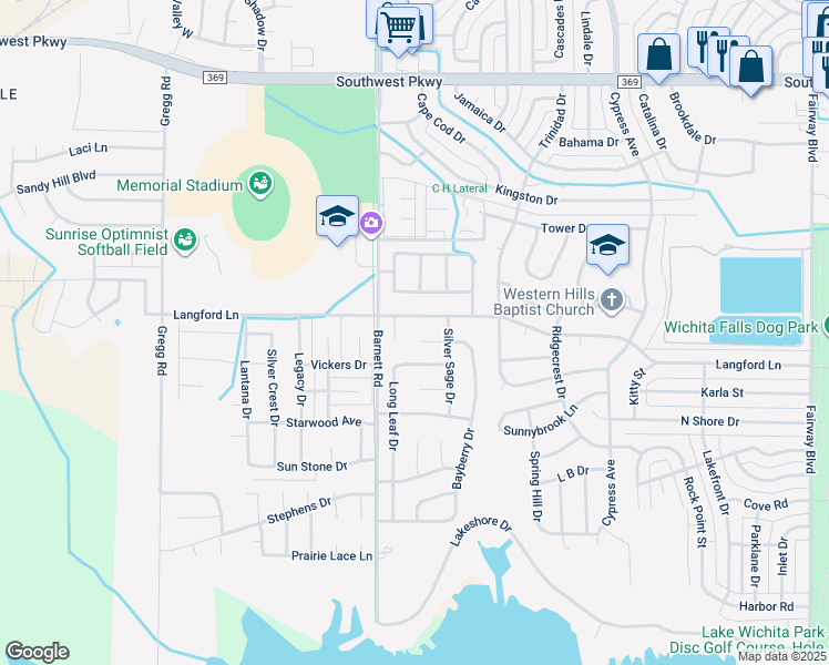 map of restaurants, bars, coffee shops, grocery stores, and more near 5316 Langford Lane in Wichita Falls