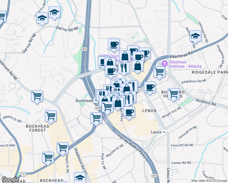 map of restaurants, bars, coffee shops, grocery stores, and more near 3384 Peachtree Road in Atlanta