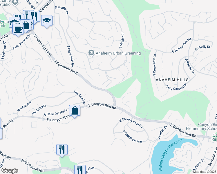 map of restaurants, bars, coffee shops, grocery stores, and more near 590 Falling Star Drive in Anaheim