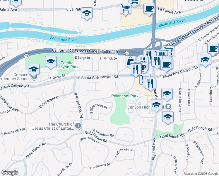 map of restaurants, bars, coffee shops, grocery stores, and more near 5449 East Suncrest Road in Anaheim