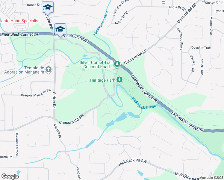 map of restaurants, bars, coffee shops, grocery stores, and more near 20 Concord Road Southeast in Smyrna