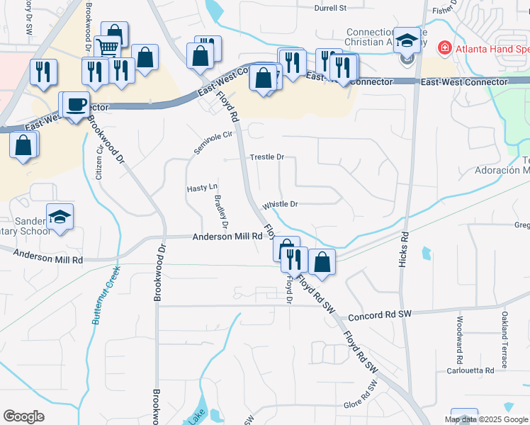 map of restaurants, bars, coffee shops, grocery stores, and more near 1100 Whistle Drive in Austell