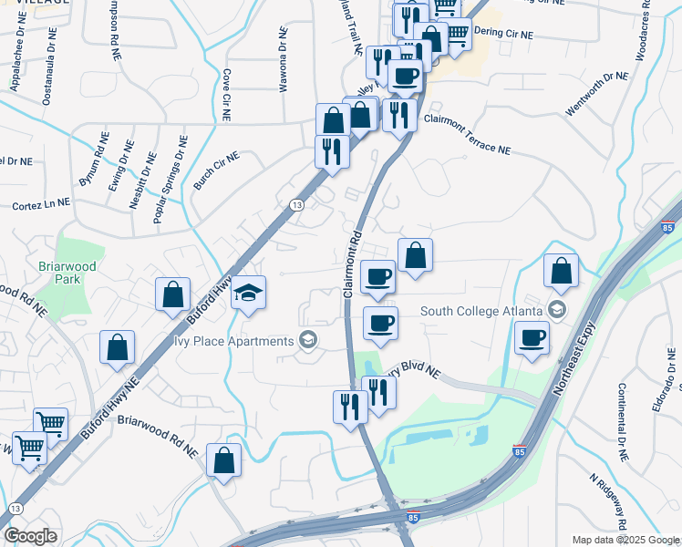 map of restaurants, bars, coffee shops, grocery stores, and more near 3136 Clairmont Road in Atlanta