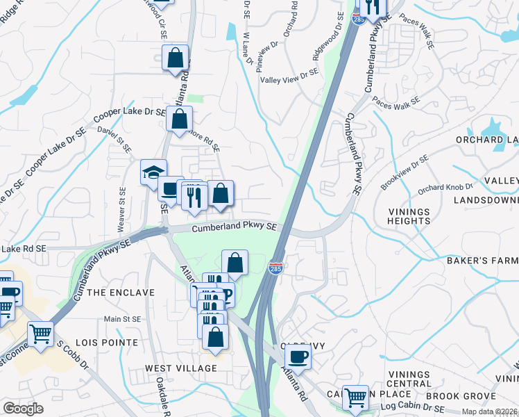 map of restaurants, bars, coffee shops, grocery stores, and more near 2315 Norbury Cove Southeast in Smyrna