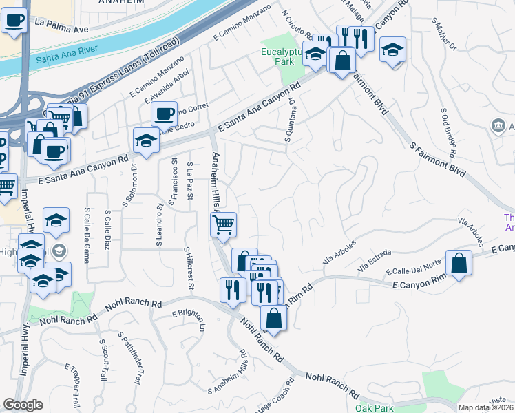 map of restaurants, bars, coffee shops, grocery stores, and more near 266 South Via Montanera in Anaheim