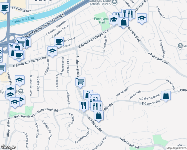 map of restaurants, bars, coffee shops, grocery stores, and more near 266 South Via Montanera in Anaheim