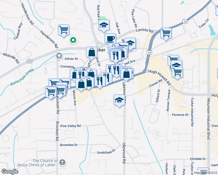 map of restaurants, bars, coffee shops, grocery stores, and more near 4059 Lawrenceville Highway in Tucker