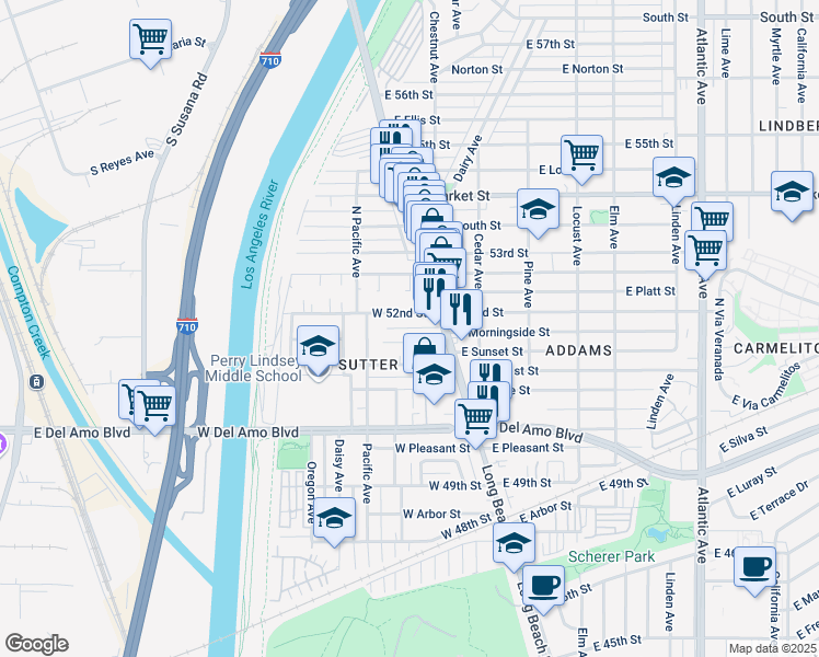 map of restaurants, bars, coffee shops, grocery stores, and more near 45 West 52nd Street in Long Beach