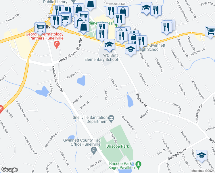 map of restaurants, bars, coffee shops, grocery stores, and more near 2485 Beal Street in Snellville