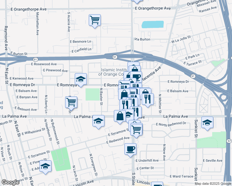 map of restaurants, bars, coffee shops, grocery stores, and more near 1836 East Romneya Drive in Anaheim