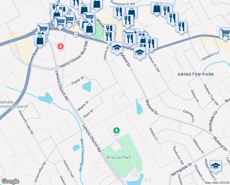 map of restaurants, bars, coffee shops, grocery stores, and more near 2434 Maple Street in Snellville