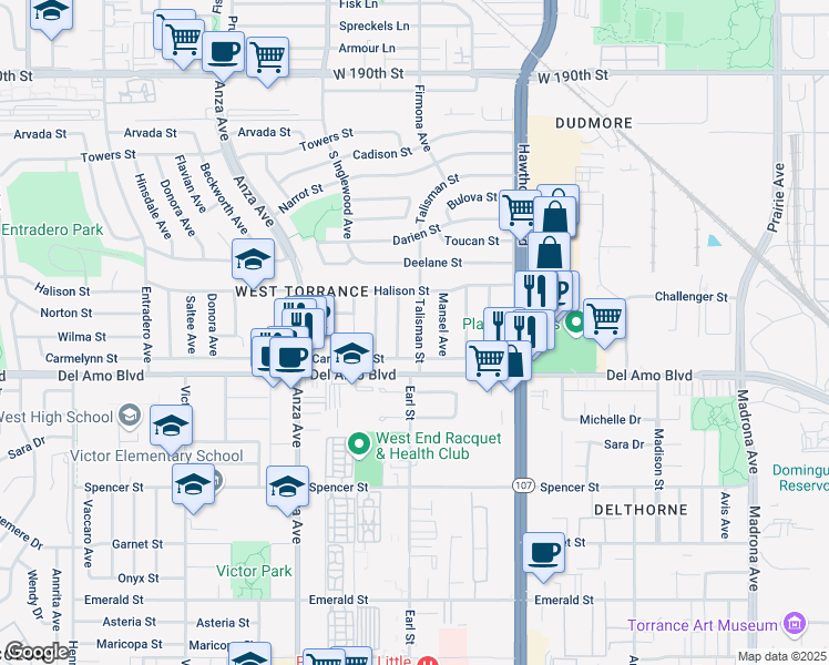 map of restaurants, bars, coffee shops, grocery stores, and more near 20023 Talisman Street in Torrance