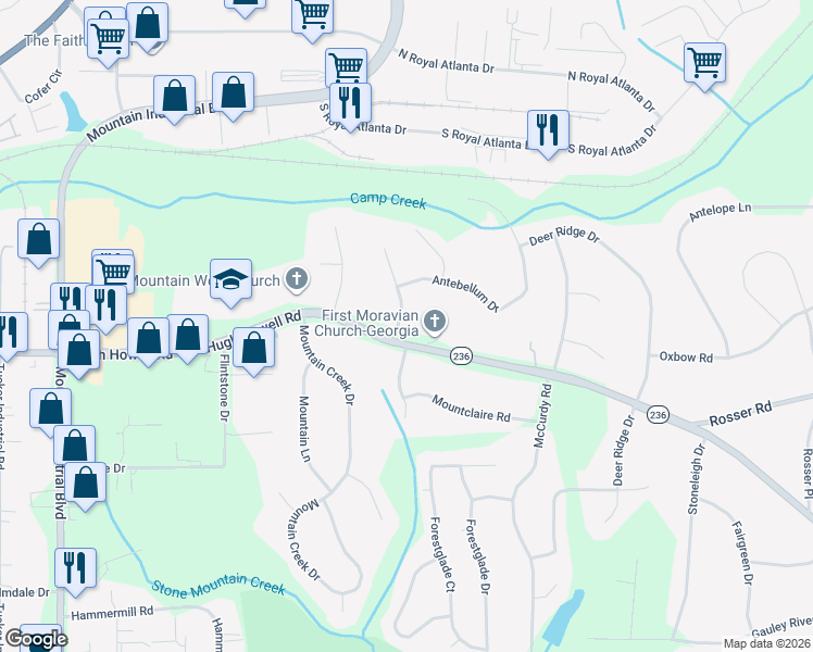 map of restaurants, bars, coffee shops, grocery stores, and more near 2254 Marthasville Court in Stone Mountain