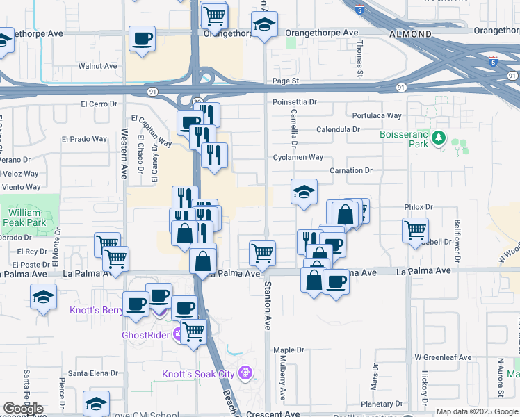 map of restaurants, bars, coffee shops, grocery stores, and more near 7771 Stanton Avenue in Buena Park