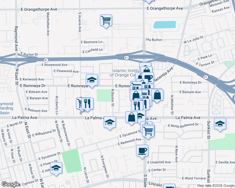 map of restaurants, bars, coffee shops, grocery stores, and more near 1751 East Warrenton Avenue in Anaheim