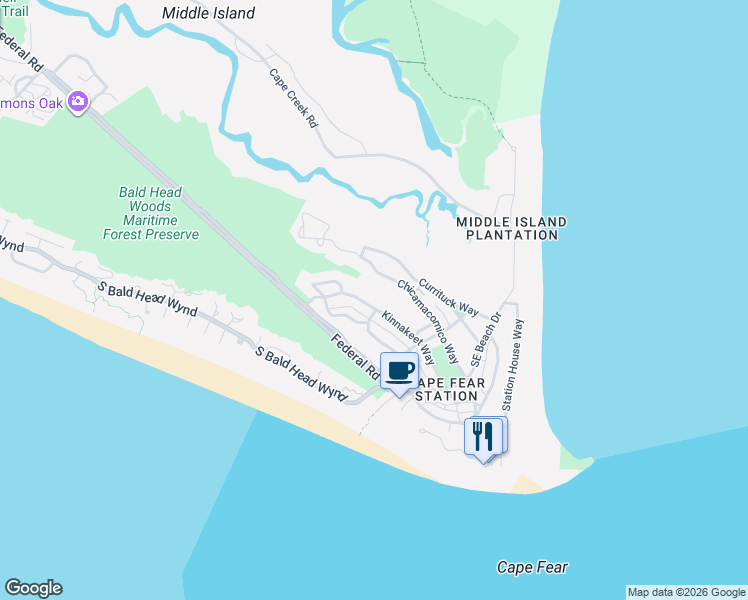 map of restaurants, bars, coffee shops, grocery stores, and more near 602 Chicamacomico Way in Bald Head Island