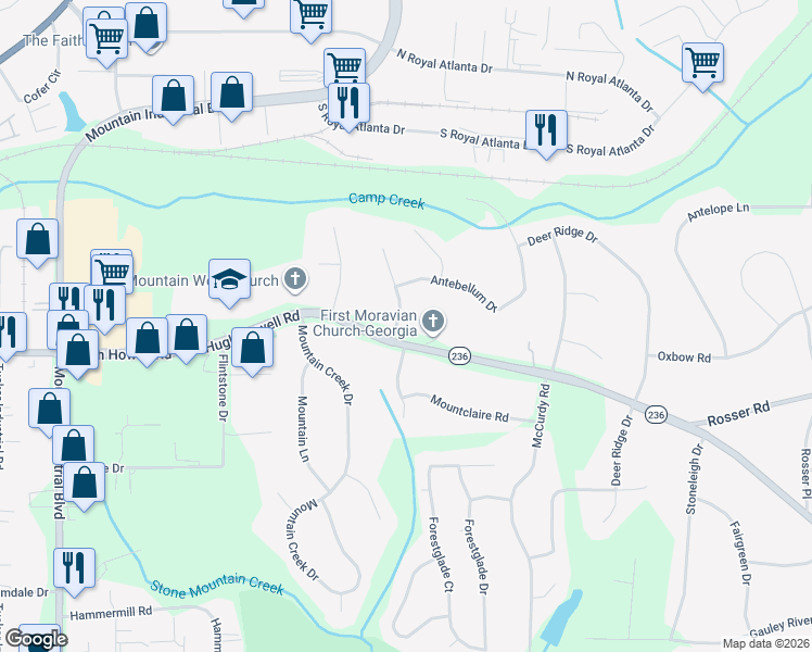 map of restaurants, bars, coffee shops, grocery stores, and more near 2254 Marthasville Court in Stone Mountain