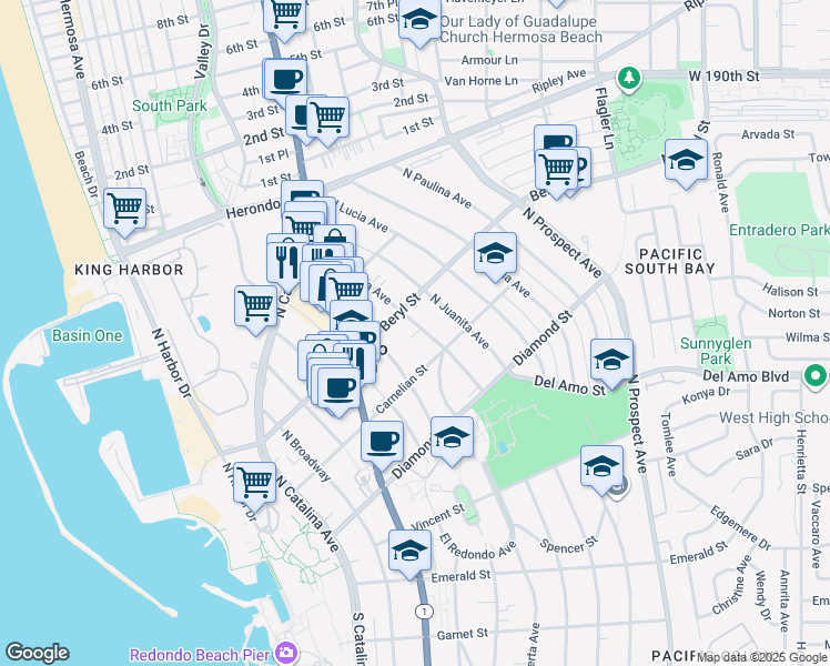 map of restaurants, bars, coffee shops, grocery stores, and more near 617 North Irena Avenue in Redondo Beach