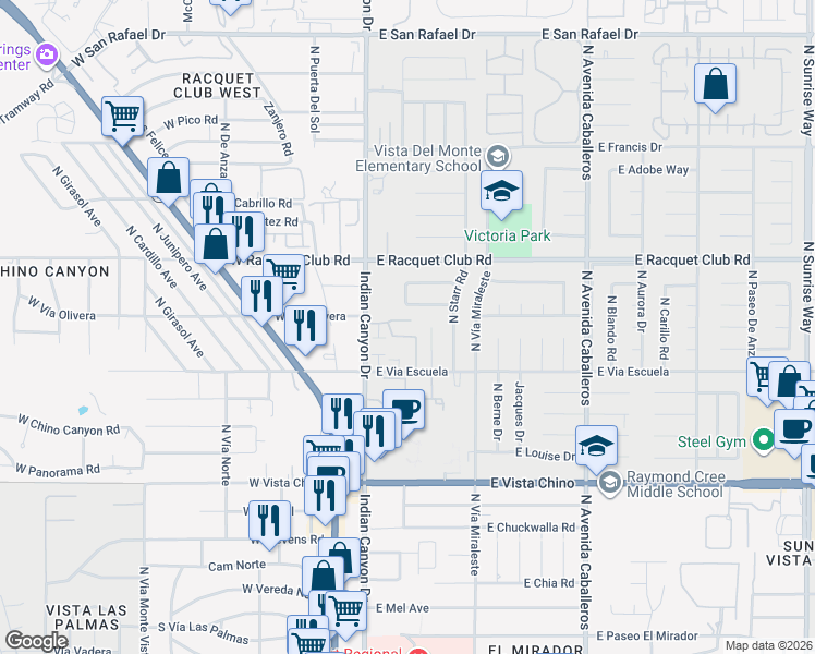 map of restaurants, bars, coffee shops, grocery stores, and more near 371 East Glen Circle South in Palm Springs
