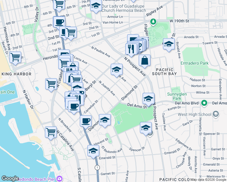 map of restaurants, bars, coffee shops, grocery stores, and more near 527A North Lucia Avenue in Redondo Beach