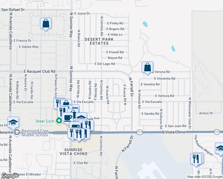map of restaurants, bars, coffee shops, grocery stores, and more near 2223 North Magnolia Road in Palm Springs
