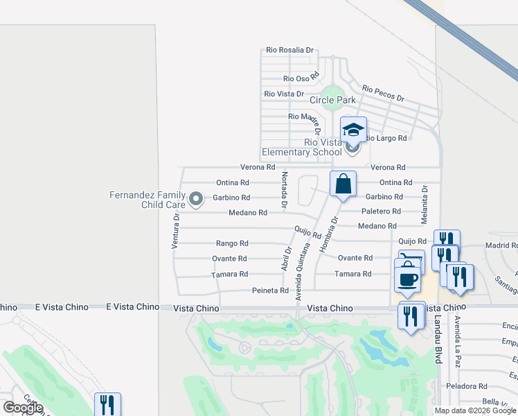 map of restaurants, bars, coffee shops, grocery stores, and more near 67350 Medano Road in Cathedral City