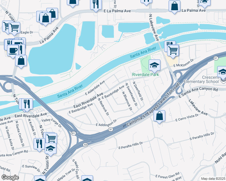 map of restaurants, bars, coffee shops, grocery stores, and more near 4356 East Bluewater Circle in Anaheim